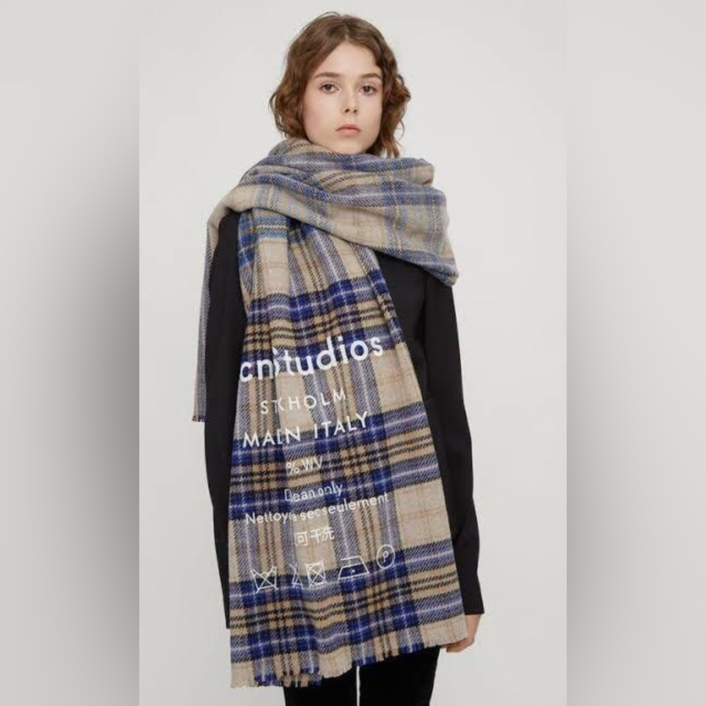 Acne Studios Oatmeal and Blue Plaid Wool Scarf